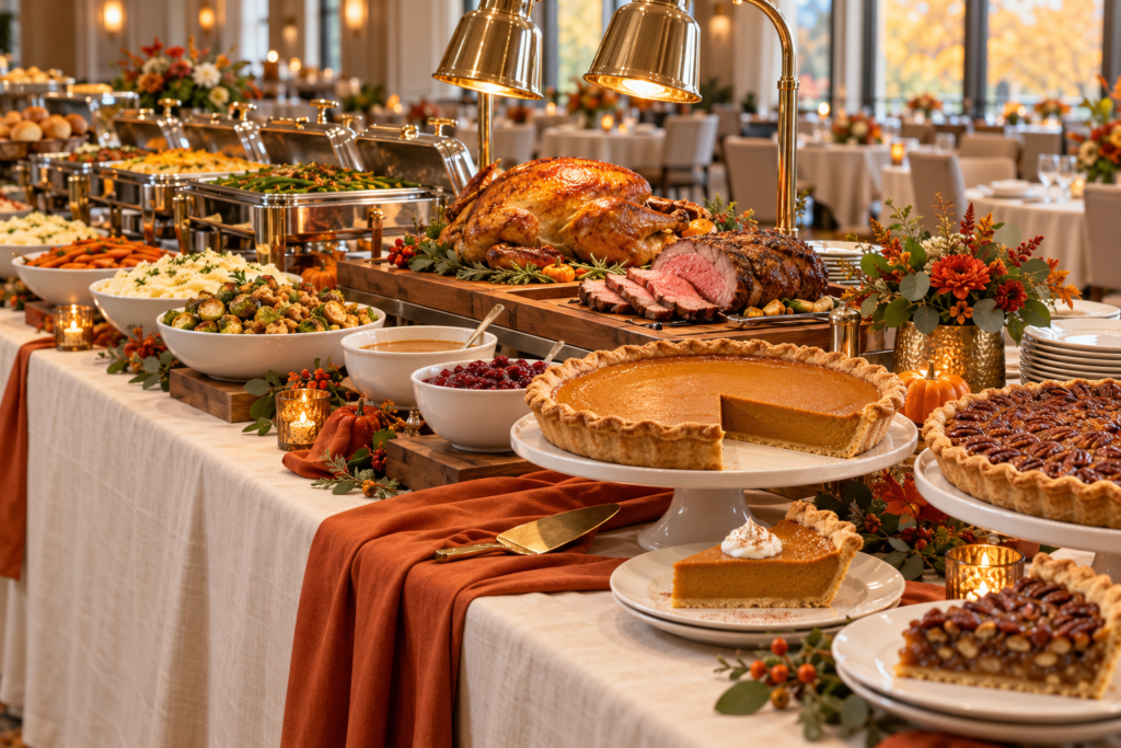 Thanksgiving buffet table with carving station and pies