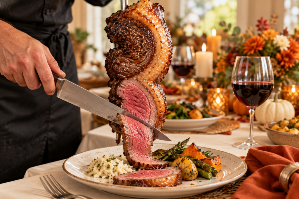 Picanha sliced from a skewer at a Brazilian steakhouse