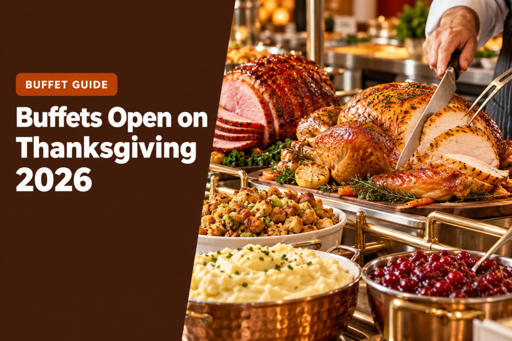 Roast turkey being carved at a Thanksgiving buffet line